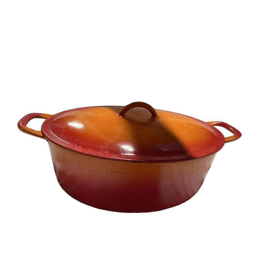Vintage Flame Orange  Dutch Oven 4 Quart Enamel Cast Iron Oval Belgium MCM